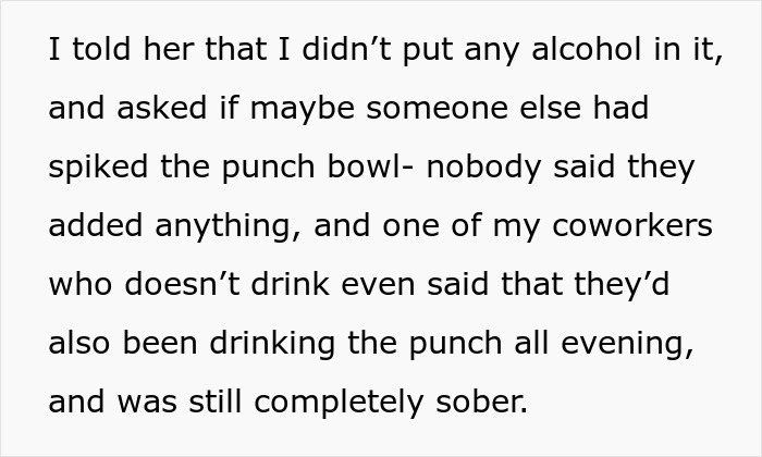 Text about a coworker drinking punch at a work party, unsure if it was spiked.