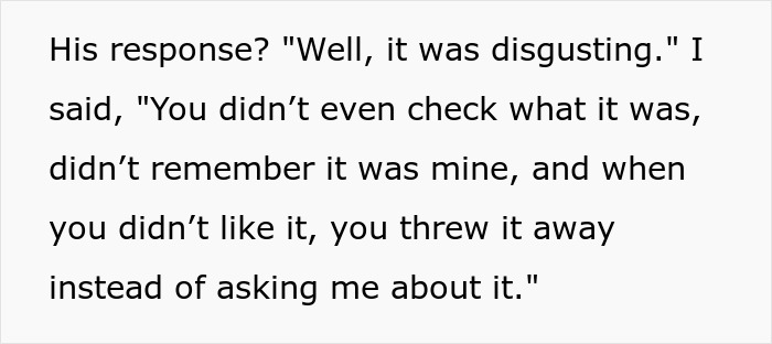 Text conversation about lunch being thrown away as "disgusting. Text conversation about lunch being thrown away as "disgusting.