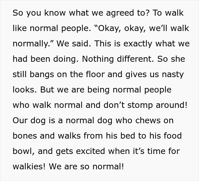 Text detailing neighbors' efforts to walk quietly, highlighting a woman's regret over noise complaints.