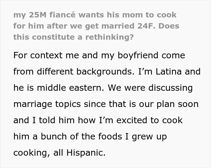 Fianc&eacute;e discusses Hispanic cooking and marriage plans with fianc&eacute; from different backgrounds in text exchange.