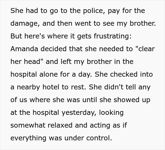 Text message about brother's hospital experience and Amanda's unusual actions.
