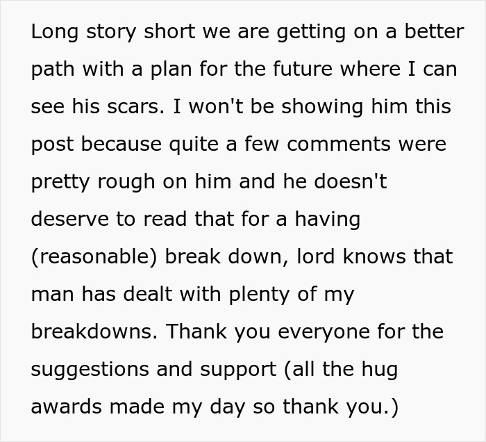 Text describing a plan for future after boyfriend sees burn scars, thanking for suggestions and support.