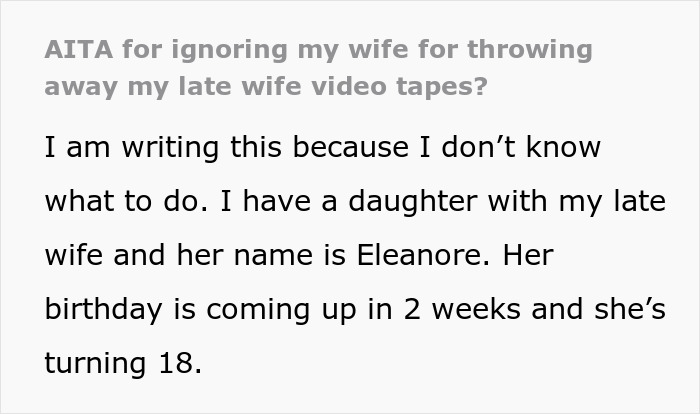 Text about a man wanting to surprise his daughter with tapes of her late mother, mentioning his new wife's actions.