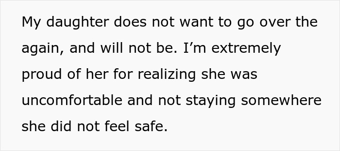 Text on image discussing daughter's discomfort at sleepover, pride in her awareness and decision to come home. Text on image discussing daughter's discomfort at sleepover, pride in her awareness and decision to come home.
