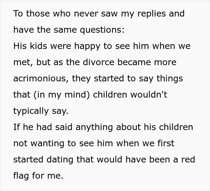 Text describing a relationship issue about kids affecting a breakup, highlighting unspoken red flags. Text describing a relationship issue about kids affecting a breakup, highlighting unspoken red flags.