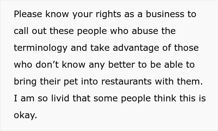 Text about knowing rights to address misuse of fake service dogs in businesses, urging action against deceptive practices.