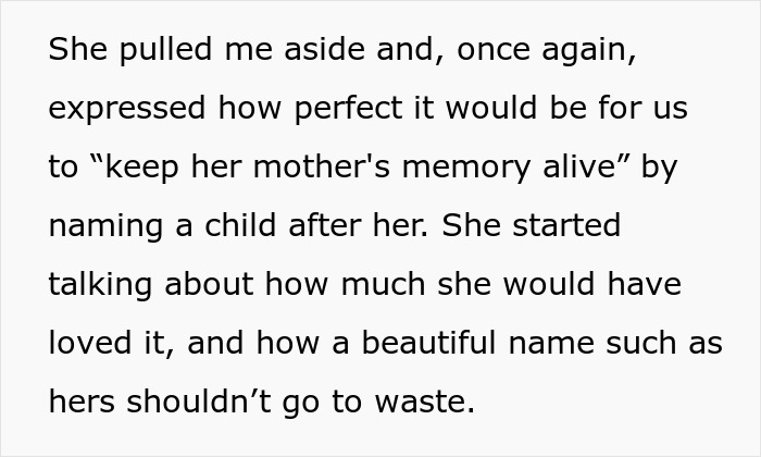 Text discussing woman's refusal of stepmom's suggestion to name baby after her mother.
