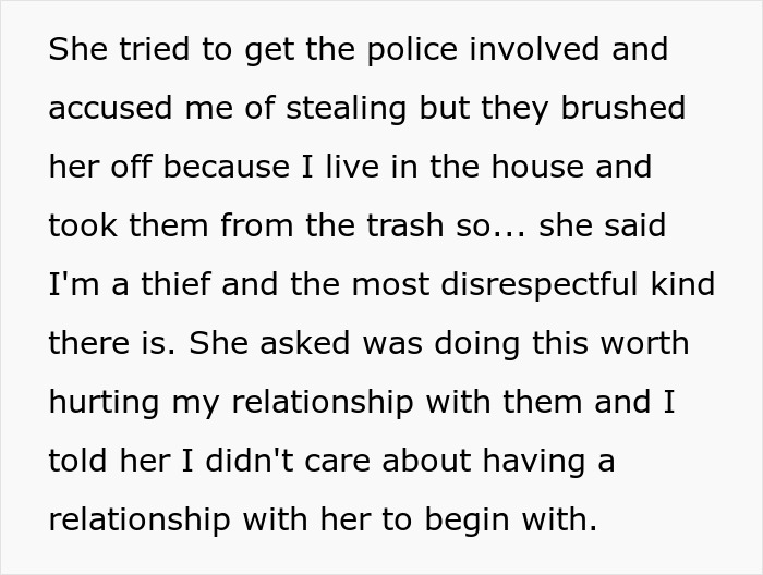 Text detailing a conflict over accusations of stealing belongings taken from the trash.