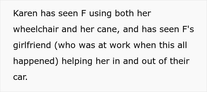 Text discussing Karen confronting a disabled neighbor using a wheelchair and cane, and the neighbor's girlfriend assisting her.