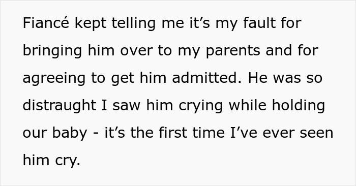 Text about a fianc&eacute; blaming for baby's pneumonia, expressing distress and emotion while holding the newborn.