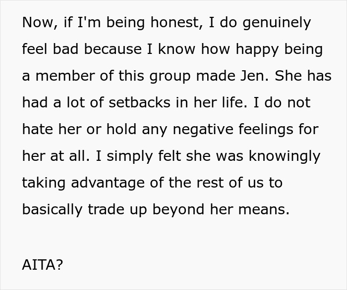 Text about drama involving a woman expelled from a club for swindling in a gift exchange.