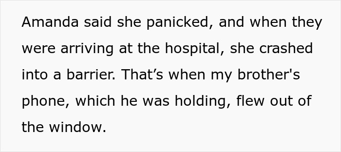 Text about a brother's female BFF causing an accident while driving to the hospital.