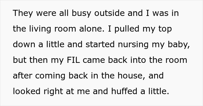 Text description about breastfeeding discomfort with father-in-law present. Text description about breastfeeding discomfort with father-in-law present.