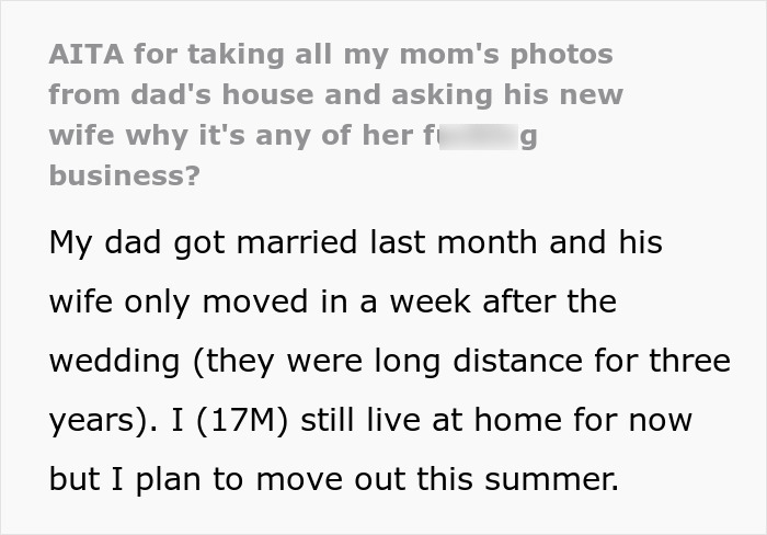 Text screenshot discussing husband's late wife's photos and a teen's response.