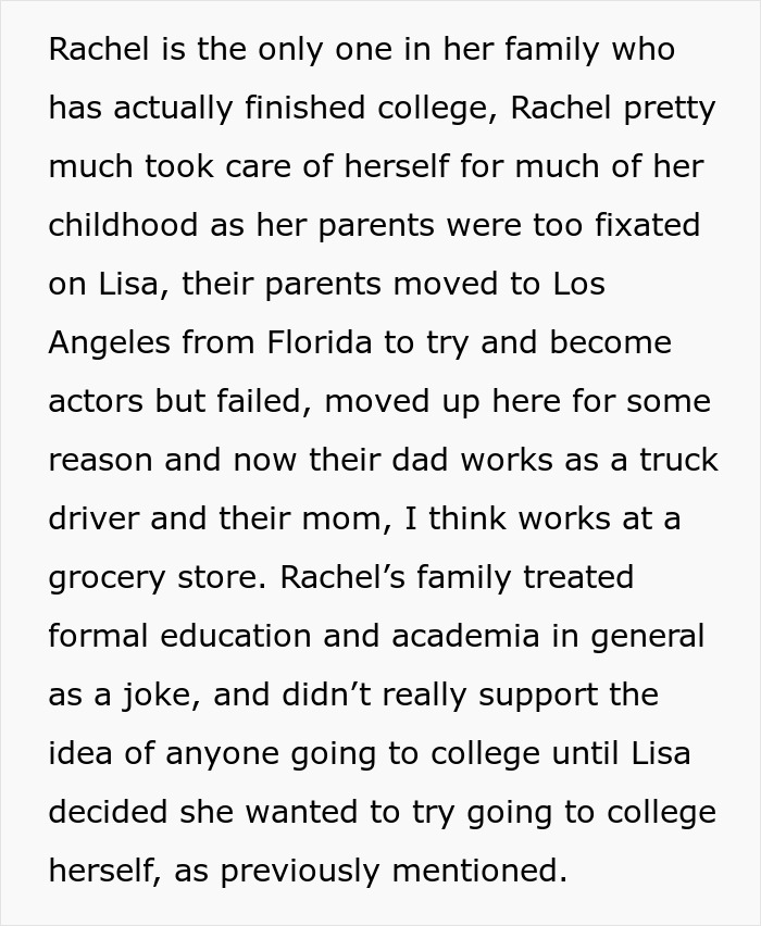 Text discussing Rachel's family background and their attitude towards college education. Text discussing Rachel's family background and their attitude towards college education.