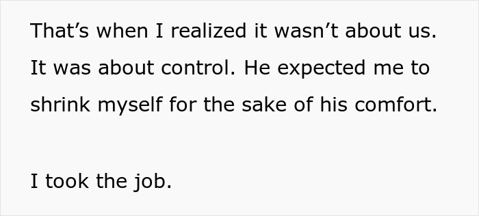 Text discussing realization of control dynamics and choosing to accept a promotion despite husband's expectations.