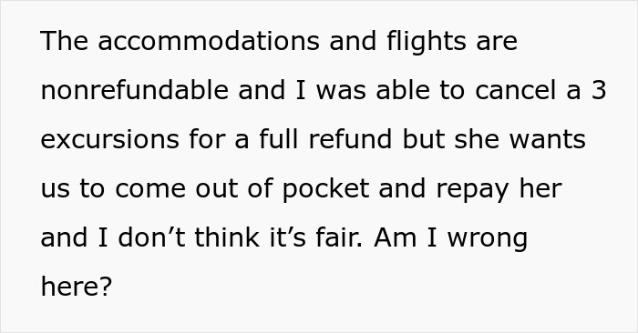 Text screenshot about a woman furious over reimbursement rejection for trip expenses. Text screenshot about a woman furious over reimbursement rejection for trip expenses.