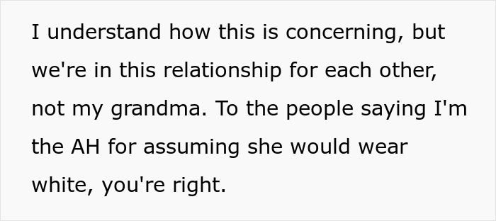 Text screenshot discussing a bride's concern over grandmother wearing white to the wedding.