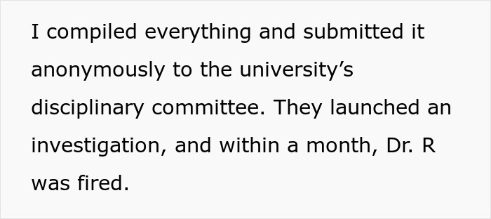 Text discussing the anonymous submission to the university leading to a professor's termination over sexist remarks.