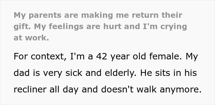 Woman upset as parents return her gift, feeling hurt and crying at work. Woman upset as parents return her gift, feeling hurt and crying at work.