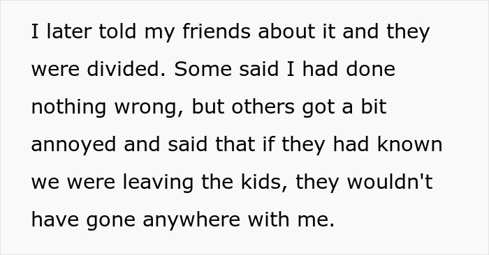 Text excerpt discussing friends' opinions on dropping off kids without permission, highlighting divided views on babysitting.