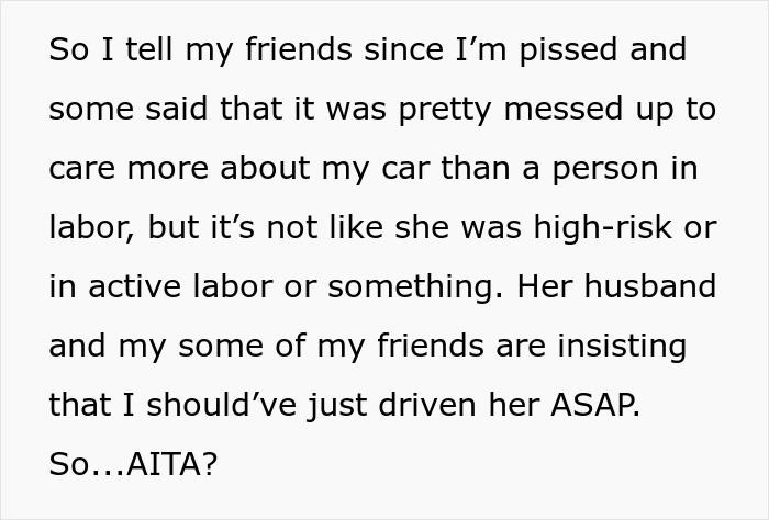 Text discussing a person's decision to waterproof their car for a pregnant neighbor's ride, causing tension with her husband. Text discussing a person's decision to waterproof their car for a pregnant neighbor's ride, causing tension with her husband.