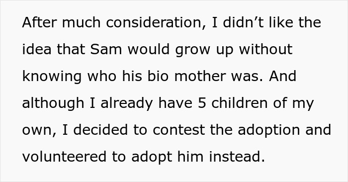 Text discussing adopting a deceased sibling's baby, contemplating the child's connection to their biological mother.