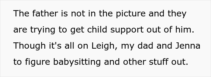 Text discussing babysitting responsibilities and child support issues. Text discussing babysitting responsibilities and child support issues.