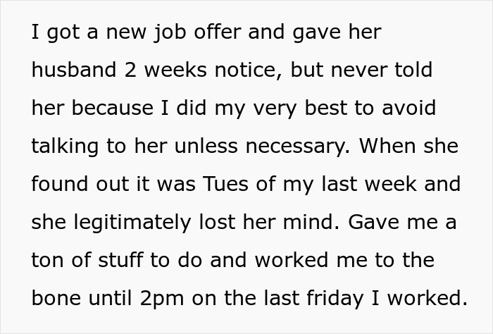 Text describing an employee's experience of giving notice and the boss's reaction, leading to malicious compliance. Text describing an employee's experience of giving notice and the boss's reaction, leading to malicious compliance.