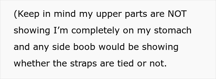Text discussing bikini top straps at public pool, emphasizing discreet posture while lying on stomach. Text discussing bikini top straps at public pool, emphasizing discreet posture while lying on stomach.