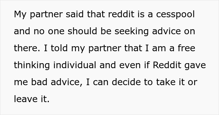 Text discussing advice on Reddit, featuring issues about partners and decision-making.