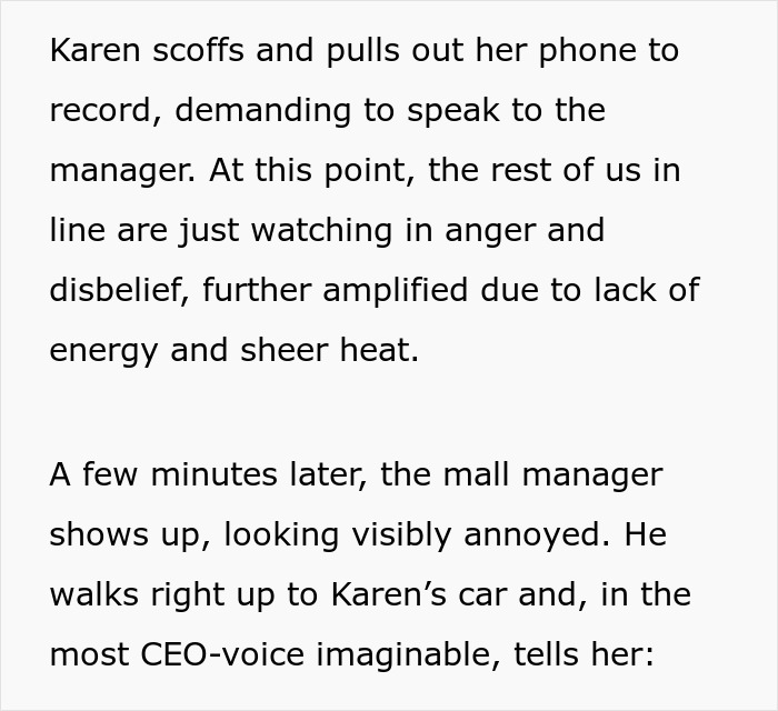 Text recounting a woman confronting mall staff with frustration, watched by others in line. Text recounting a woman confronting mall staff with frustration, watched by others in line.