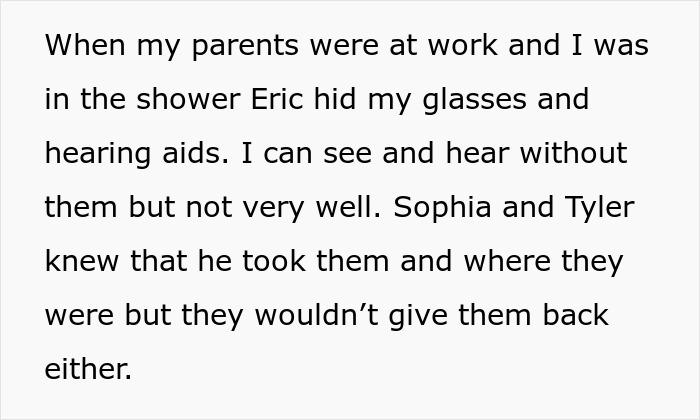 Text describing teen experiencing issues with hidden hearing aids and glasses.