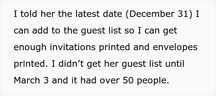 Text about challenges in organizing wedding invitations, focusing on the delay in receiving a large guest list.