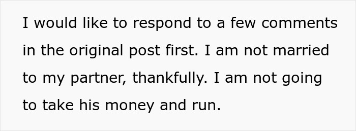 Text screenshot about partnership and personal decisions, addressing original post comments.