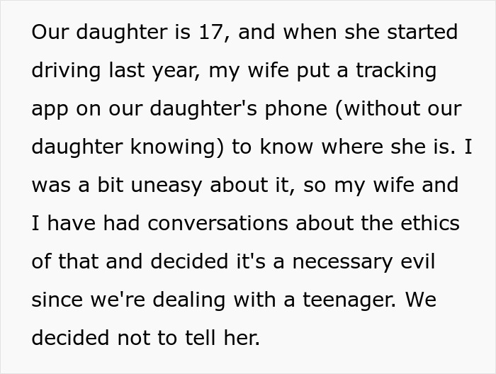 Text discussing secret monitoring of daughter's phone and tracking app.