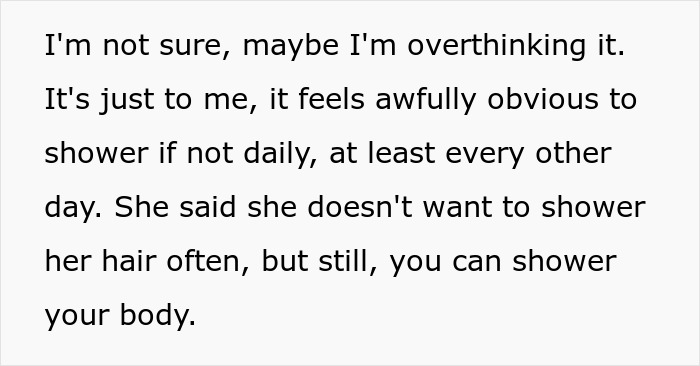 Text discussing a woman's habits and perspective on showering frequently. Text discussing a woman's habits and perspective on showering frequently.