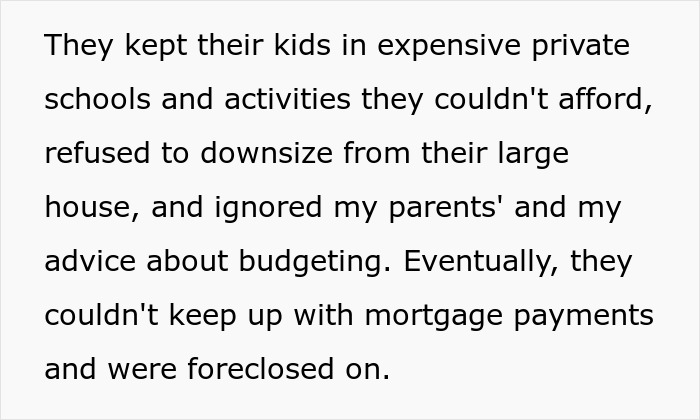 Text detailing financial struggles after not downsizing, leading to house foreclosure. Text detailing financial struggles after not downsizing, leading to house foreclosure.