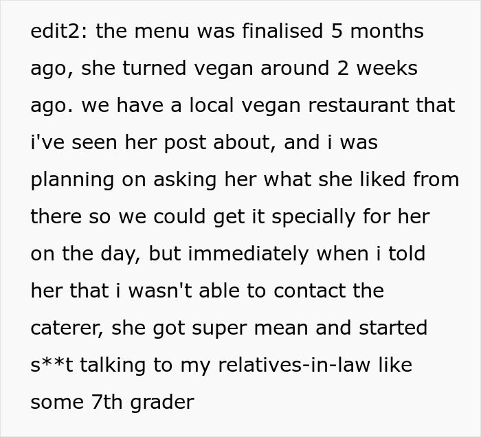 Text describing a disagreement over vegan menu changes for a $1,500 wedding.