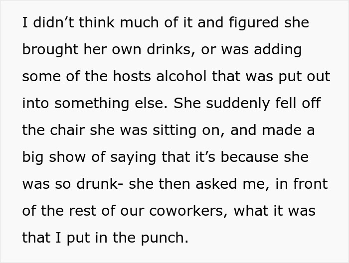 Coworker questions punch content at work party after falling off chair due to apparent intoxication.