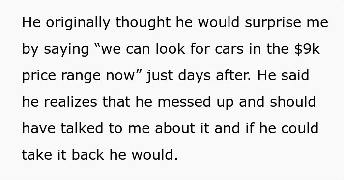 Text of a man discussing secretly loaning $7.5K to his mom, affecting plans to buy a car.