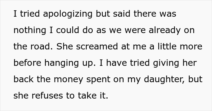 Text message about a parent prioritizing a family trip over daughter's plans with friends.