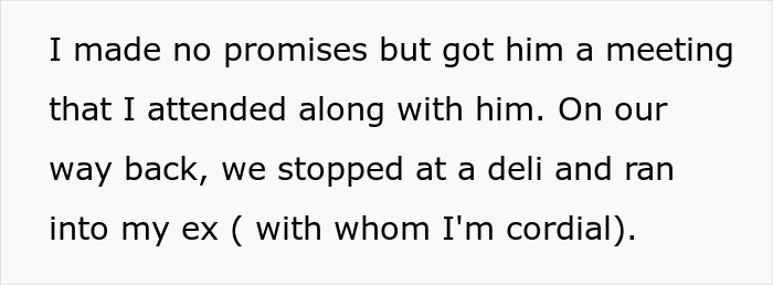 Text about a woman and her cordial encounter with an ex after a deli stop, highlighting relationship dynamics.