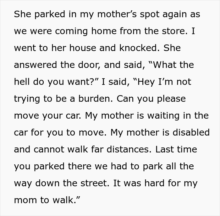 Text about lady parking in disabled neighbor's spot, daughter's confrontation.
