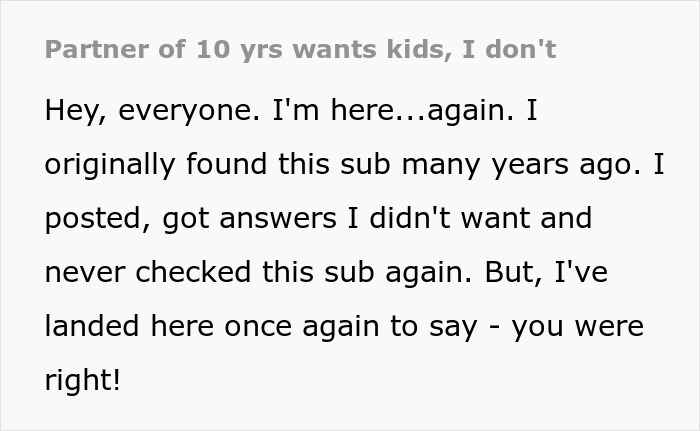 Text about a couple facing a hard decision about having kids after 10 years together.