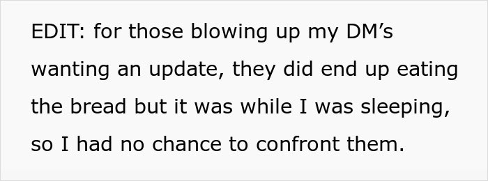 Text update about stuffed cheese bread with meat eaten by roommates while the author was asleep. Text update about stuffed cheese bread with meat eaten by roommates while the author was asleep.