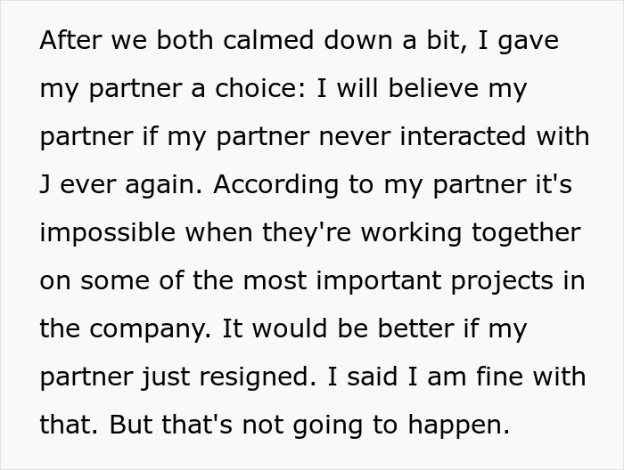 Text of a person discussing a choice about their partner and a work spouse situation.
