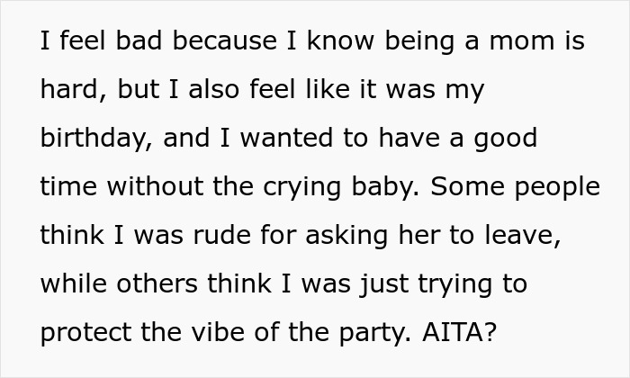 Text excerpt discussing feelings about a friend&rsquo;s birthday and a crying baby at a party.