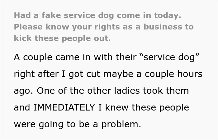 Text highlighting knowing rights to refuse entry of fake service dogs in a business setting.