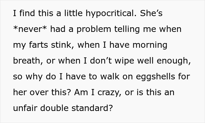 Text discussing a double standard on smelling bad, questioning fairness and personal hygiene. Text discussing a double standard on smelling bad, questioning fairness and personal hygiene.